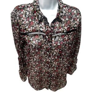 Kut From the‎ Kloth Dark Floral Print Long Sleeve Button Down Blouse Feminine